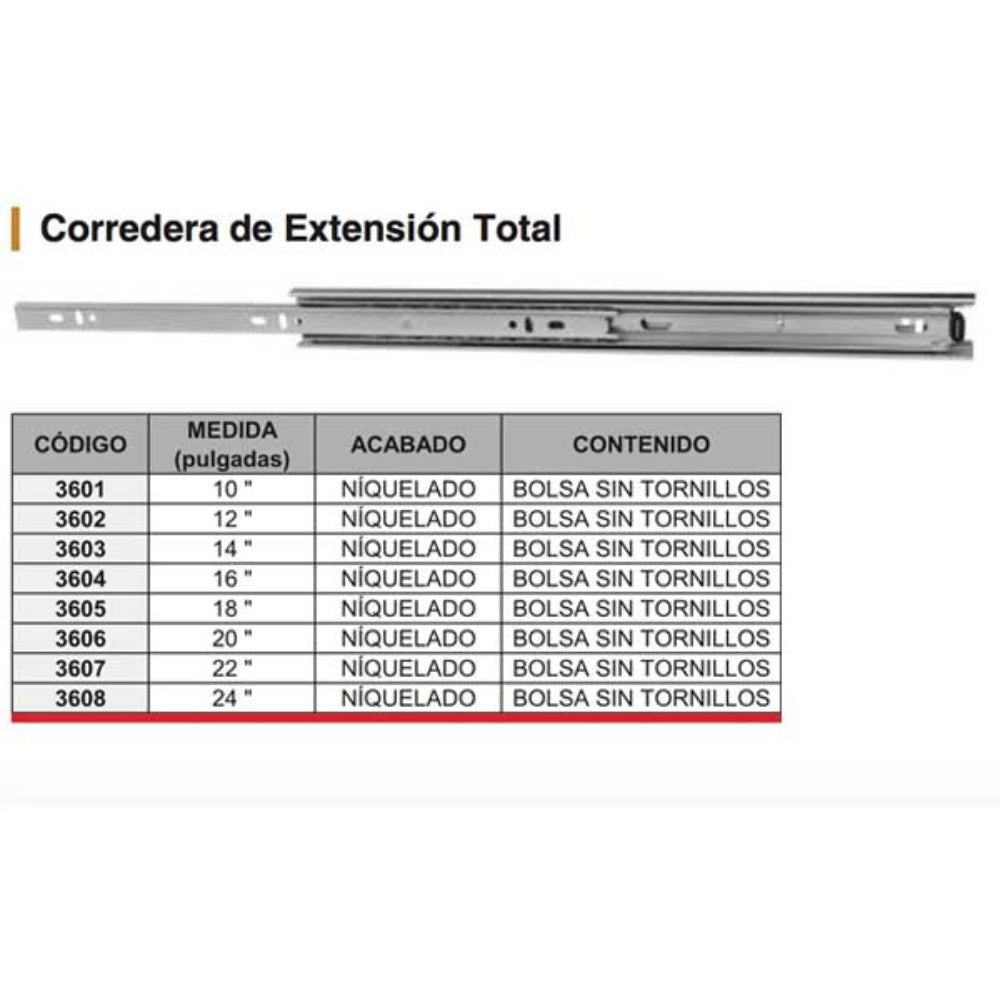 JUEGO CORREDERA D/EXT. TOTAL 16" NIQ S/TORN 3604