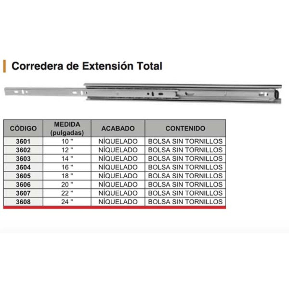 JUEGO DE CORREDERAS D/EXT. TOTAL 20" NIQ S/TORN 3606