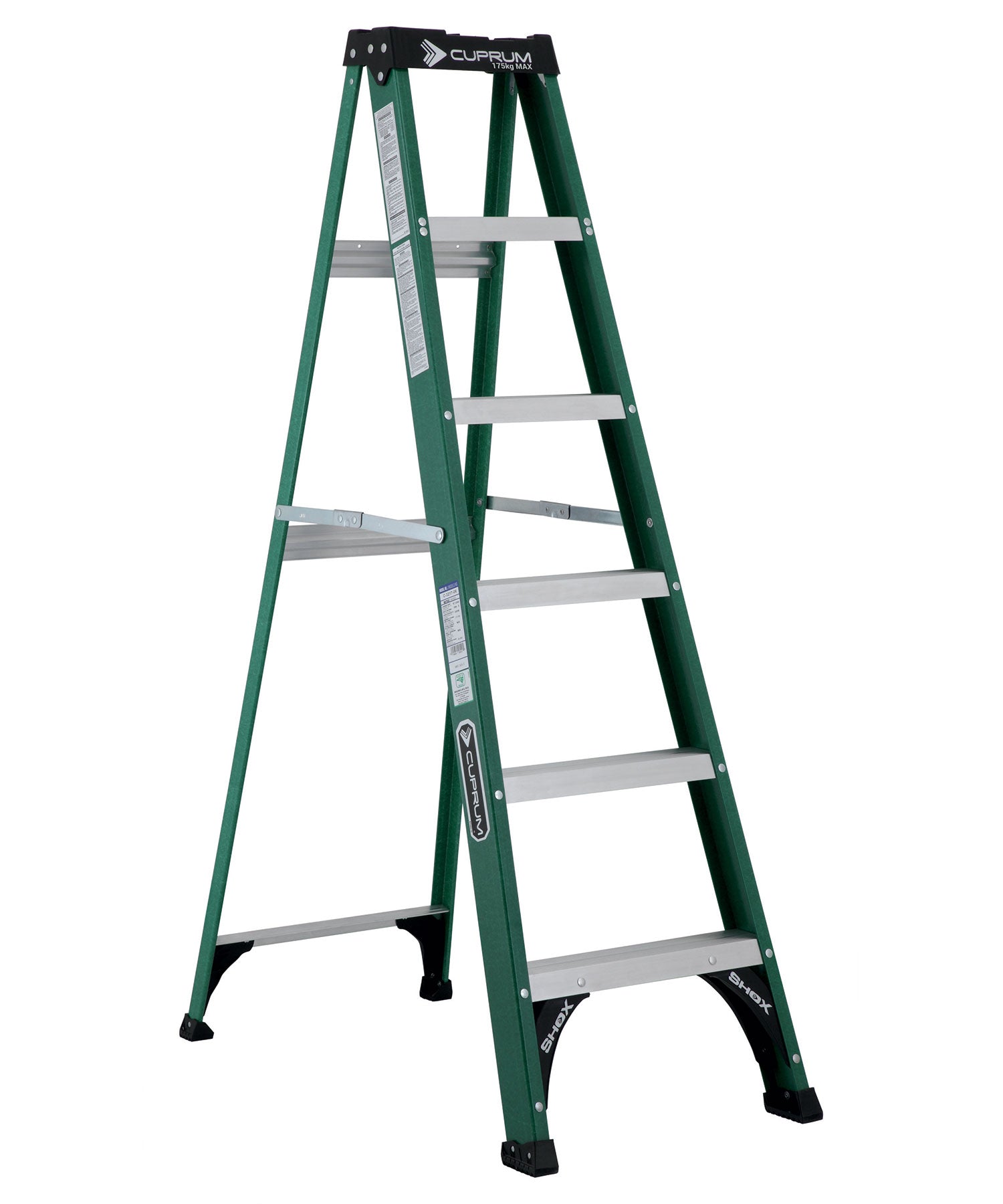 ESCALERA FIBRA DE VIDRIO VERDE TIJERA SENCILLA 1.8mts 5 PELDAÑOS (175kg) CUPRUM C-3217-06/ 792-06N