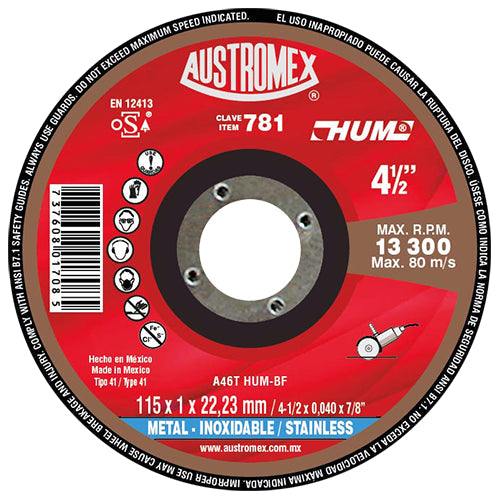 DISCO CORTE INOX 4-1/2 X 3/64 X 7/8 (ECONOMICO) HUM AUSTROMEX 781