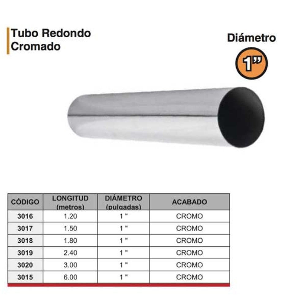 TUBO REDONDO CROMADO CLOSET/BAÑO 1"x3MTS 3020