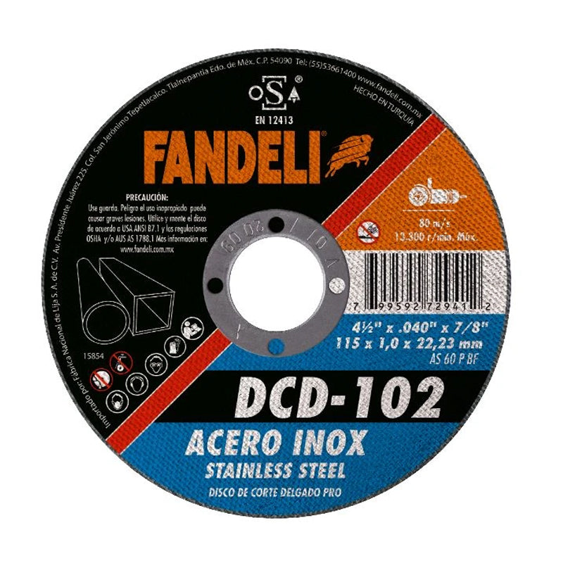 DISCO CORTE DELGADO (INOXIDABLE) 4-1/2" X 0.04" X 7/8" FANDELI 72941 / DCD-102