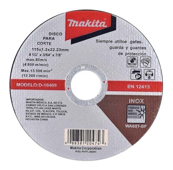 DISCO CORTE INOX 4-1/2 X 3/64 X 7/8 MAKITA D18409