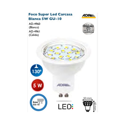 FOCO LED CARCASA BLANCA 5W = 38W GU-10 BLANCO ADIR 4960