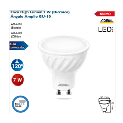 FOCO HIGH LUMEN 7W = 50W DICROICO BASE GU10 BLANCO ADIR 6101