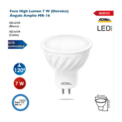 FOCO HIGH LUMEN 7W = 50W DICROICO BASE MR16 BLANCO ADIR 6103