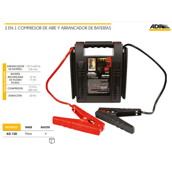 ARRANCADOR DE BATERIA 12V Y COMPRESOR DE AIRE PORTATIL ADIR 120