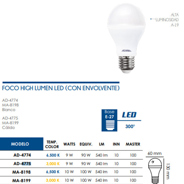 FOCO BULBO LED A-19 9W = 60W CALIDO ADIR 4775/6823