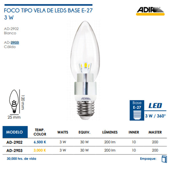 FOCO VELA LED 3W = 35W CALIDO ADIR 2903