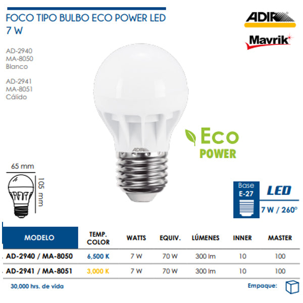 FOCO BULBO ECO LED 7W = 50W CALIDO MAVRIK/ADIR 8051/2941