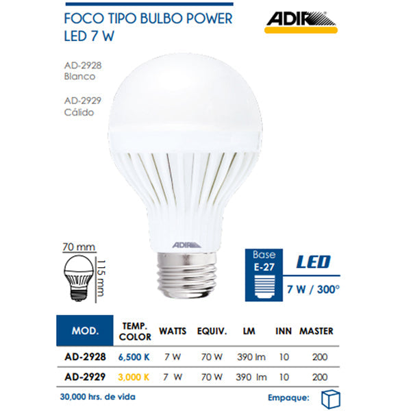 FOCO BULBO CON BASE PLASTICO 12W = 90W CALIDO ADIR 2929