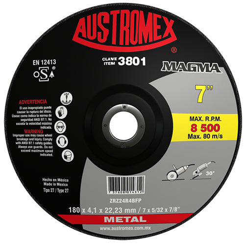 DISCO CORTE Y DESBASTE METAL 7" X 5/32 X 7/8 CENTRO DEPRIMIDO MAGMA AUSTROMEX 3801