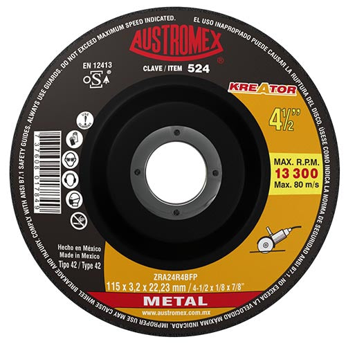 DISCO CORTE METAL 4-1/2 X 1/8 X 7/8 CENTRO DEPRIMIDO KREATOR AUSTROMEX 524