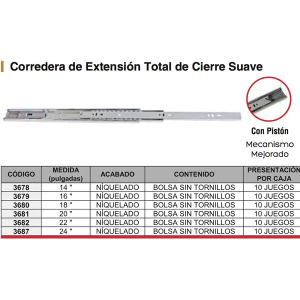 JUEGO CORREDERA D/EXT. CIERRE SUAVE 16" NIQ S/TORN 3679