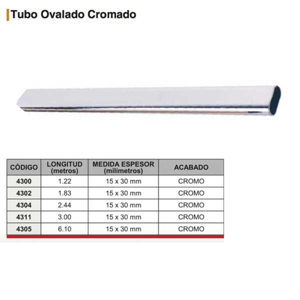 TUBO OVALADO CROMADO PARA CLOSET O BAÑO 6MTS 4305