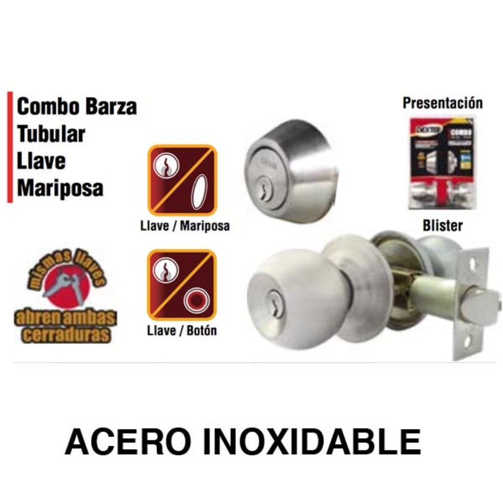 COMBO PERILLA Y CERROJO MODELO BARZA TUB (LLAVE-MARIPOSA) ACERO INOX. DEXTER 6704